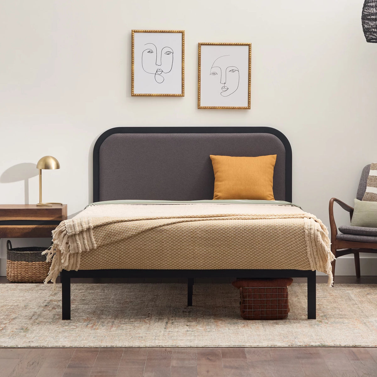 Queen Cream Metal Platform Bed with Upholstered Headboard O324646