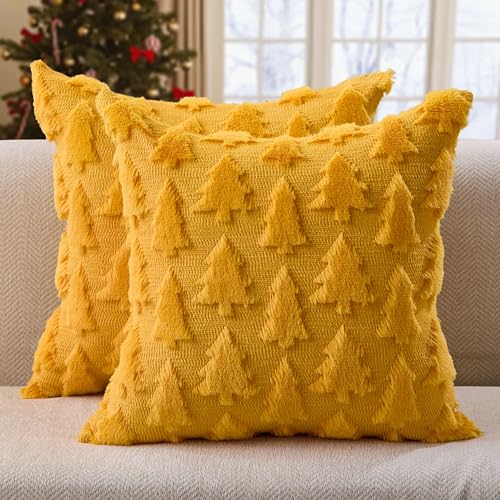 Christmas Tree Pillow Covers 18x18 inch Set of 2 Beige Plush Faux Fur Jacquard Throw Pillows L9785