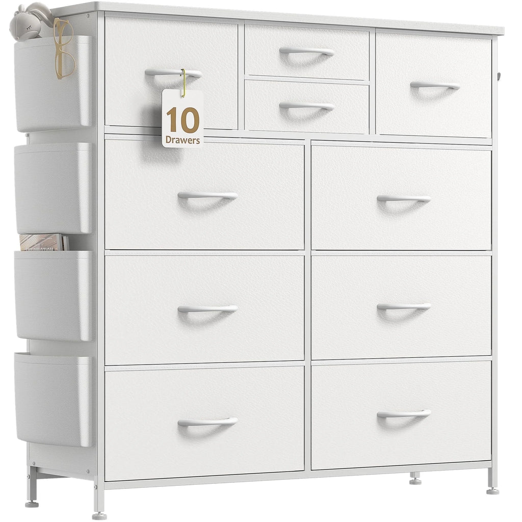 White 10 Drawer Dresser with Side Pockets and Hooks T4421