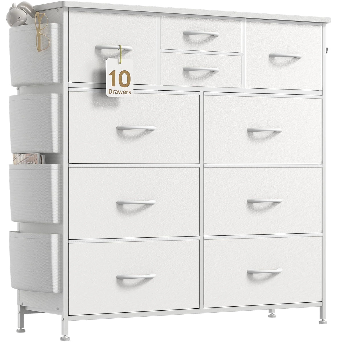 White 10 Drawer Dresser with Side Pockets and Hooks T4421