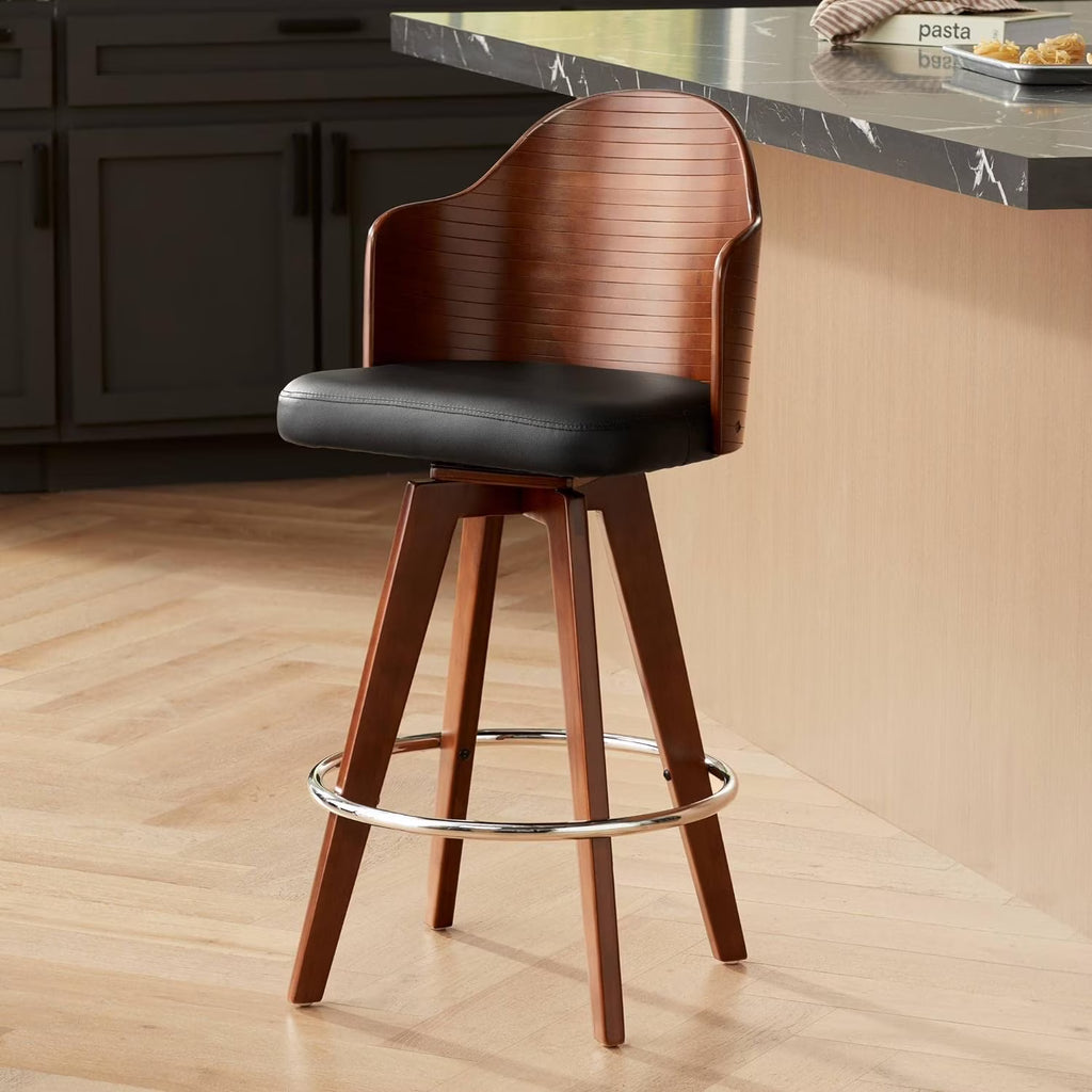 Dark Walnut Wood Swivel Stool with Backrest Footrest R269654
