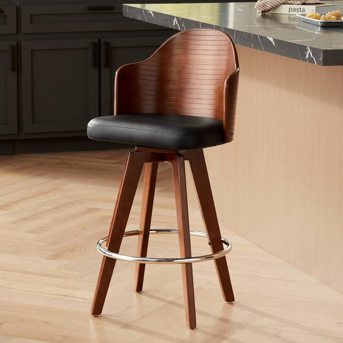 Dark Walnut Wood Swivel Stool with Backrest Footrest R269654