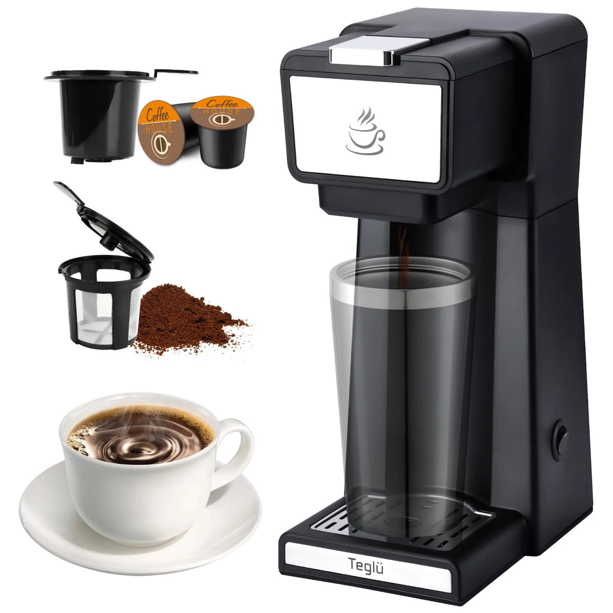 Slim Single Serve Coffee Maker 2 in 1, 14 Oz, Black U109