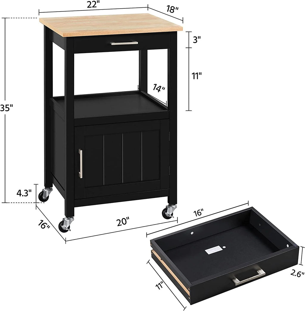 Black Kitchen Island on Wheels with Wood Top and Drawer D462995