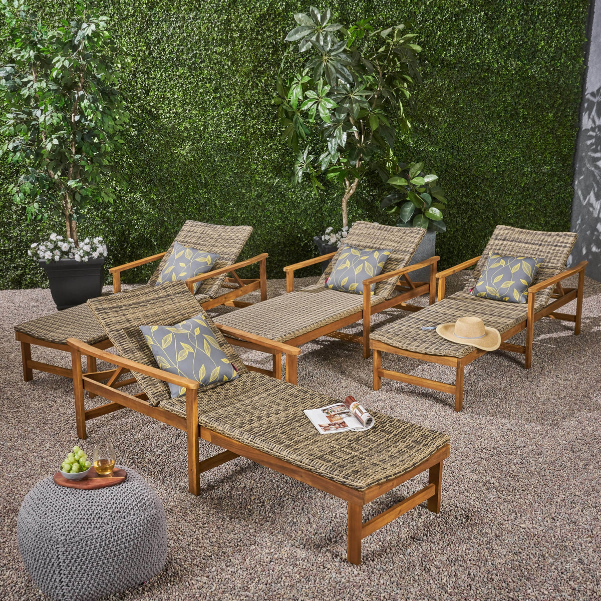Rustic Acacia Wood Chaise Lounge with Wicker Seating Set of 4 W50321