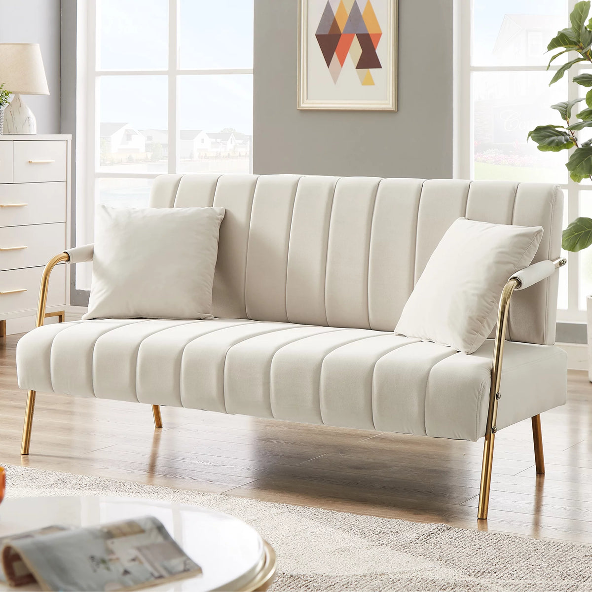 Velvet Upholstered Loveseat Sofa with 2 Throw Pillows H54784