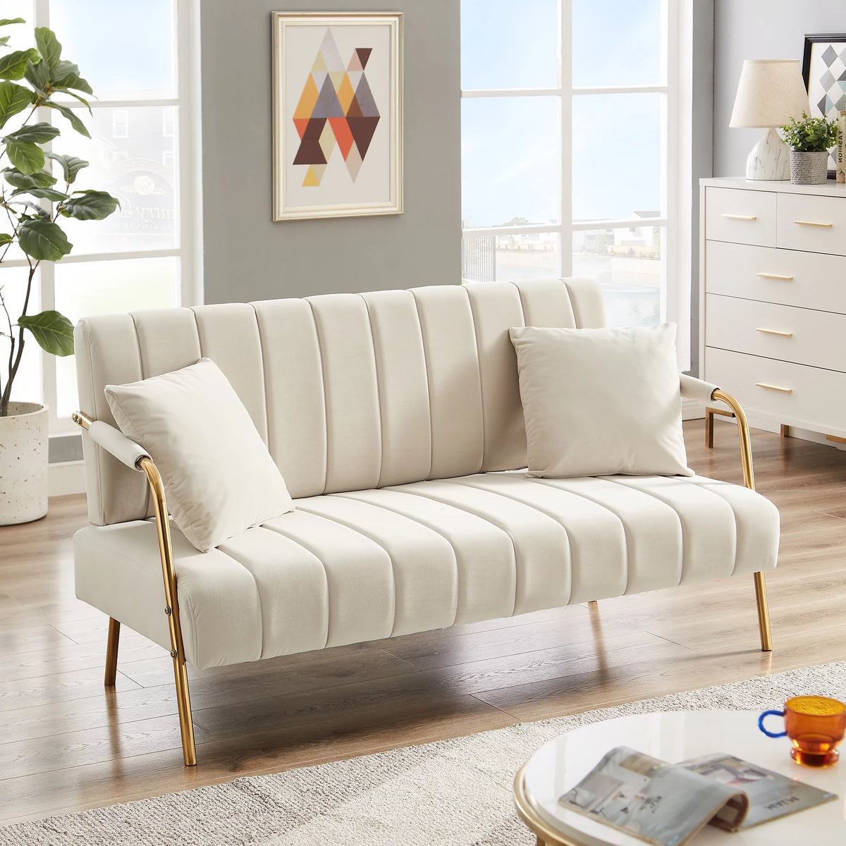 Velvet Upholstered Loveseat Sofa with 2 Throw Pillows H54784