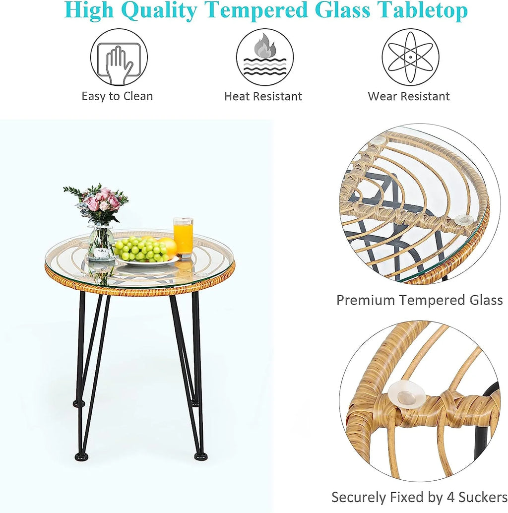3 Pieces Rattan Patio Bistro Set with Glass Coffee Table T374