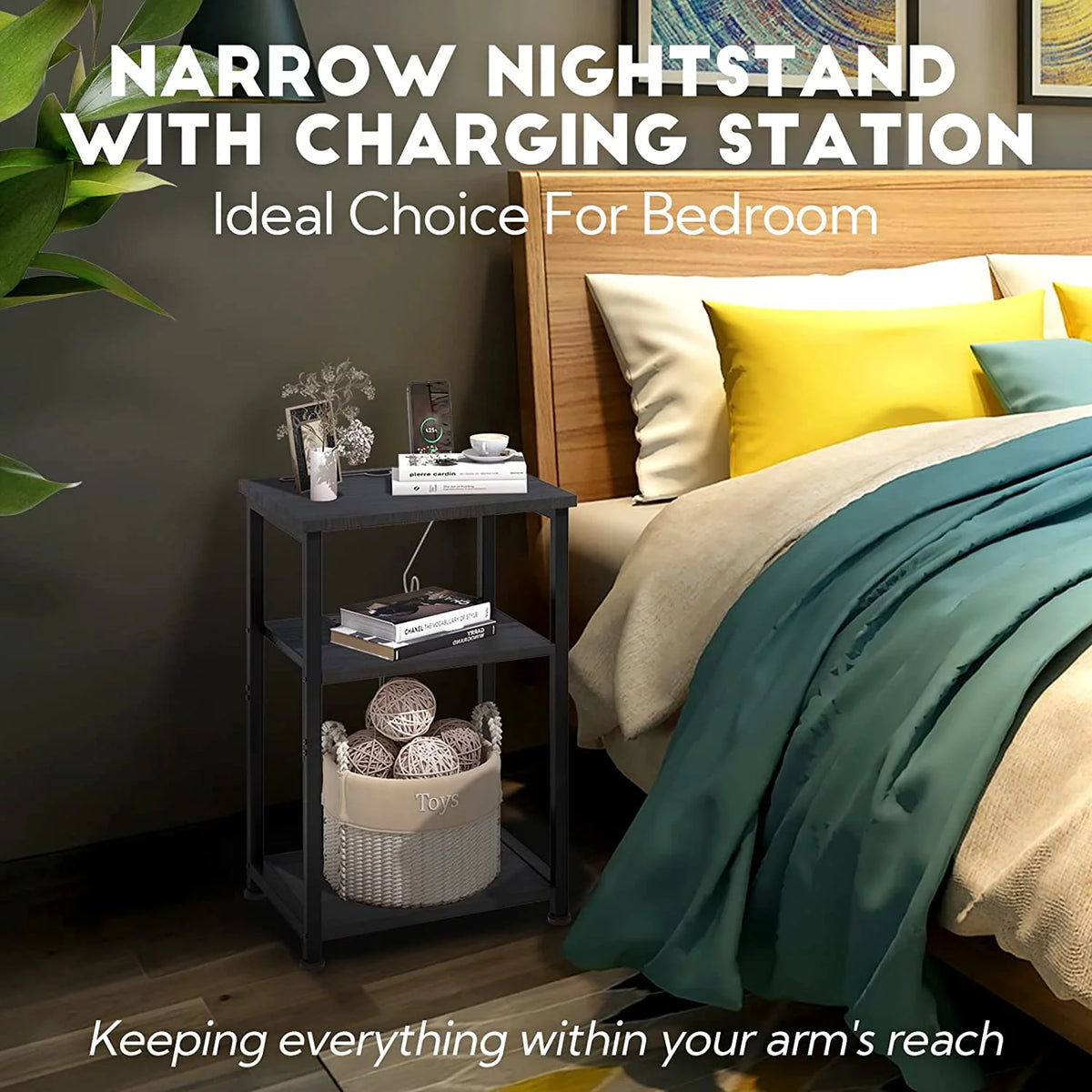 Nightstands Set of 2 with Charging Station and Storage Shelf S25040