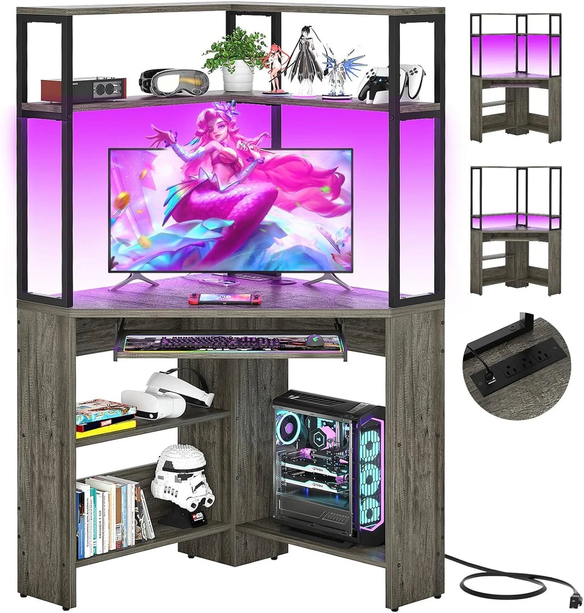 Black Oak Corner Computer Desk with Power Outlets & LED Light A428