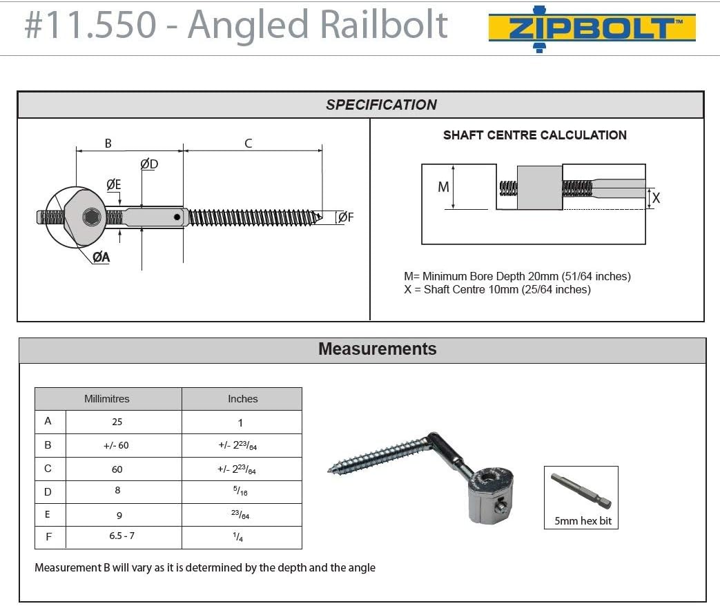40 Pack Angled Railbolt with 5mm Hex Bit V53113