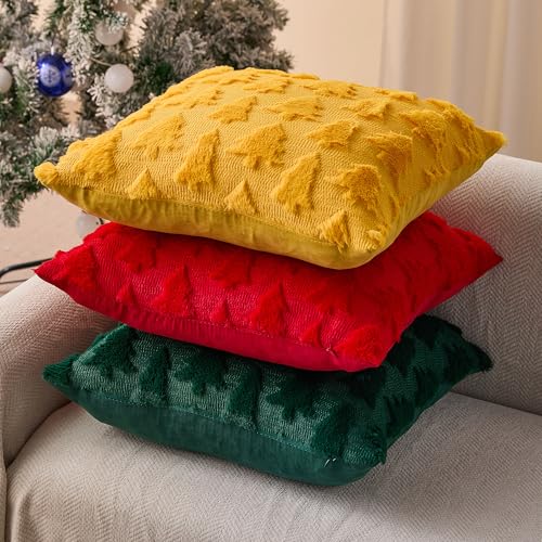 Christmas Tree Pillow Covers 18x18 inch Set of 2 Beige Plush Faux Fur Jacquard Throw Pillows L9785