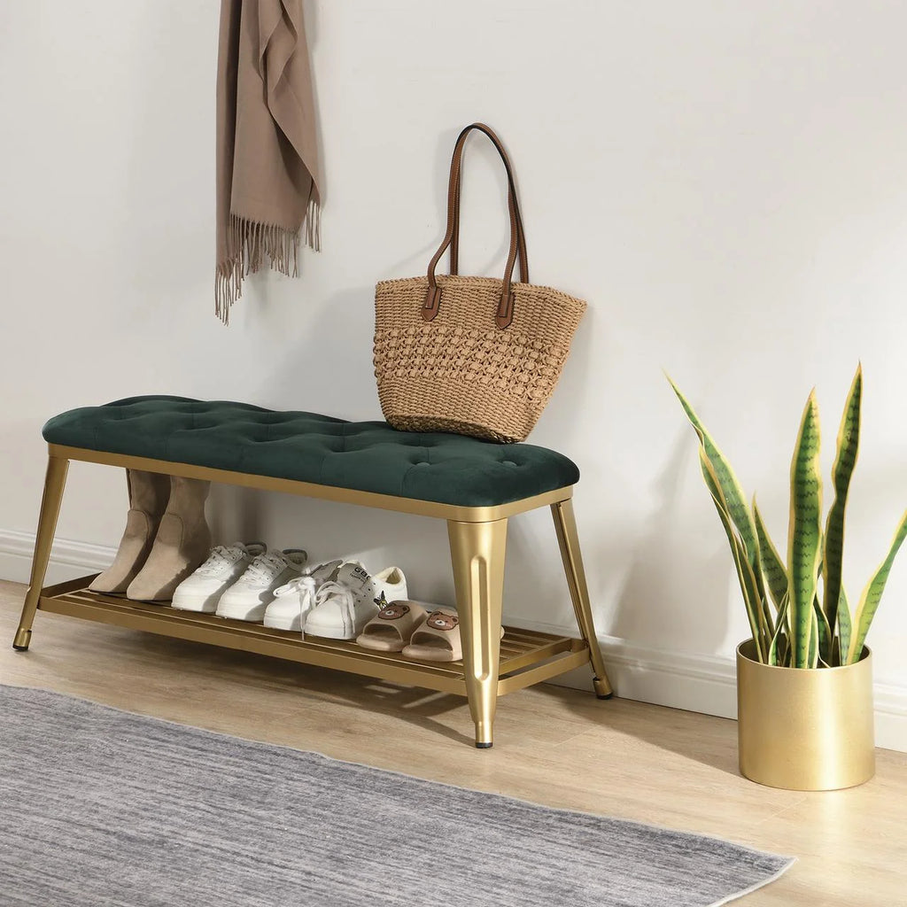 Shoe Storage Bench with Velvet Seat and Gold Legs B989