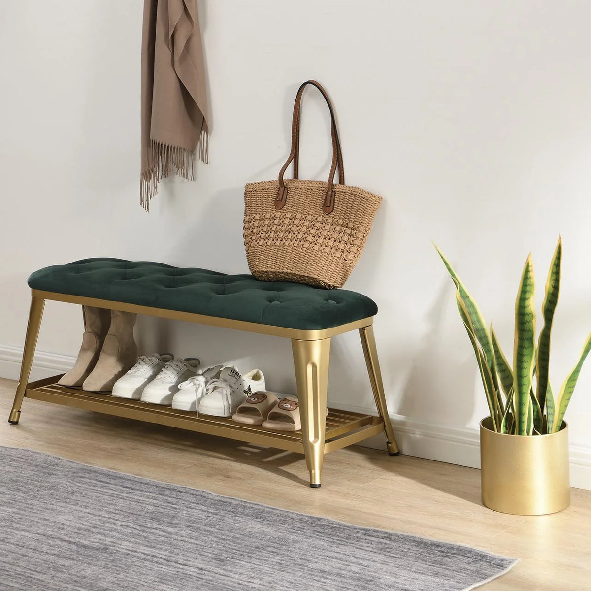 Shoe Storage Bench with Velvet Seat and Gold Legs B989