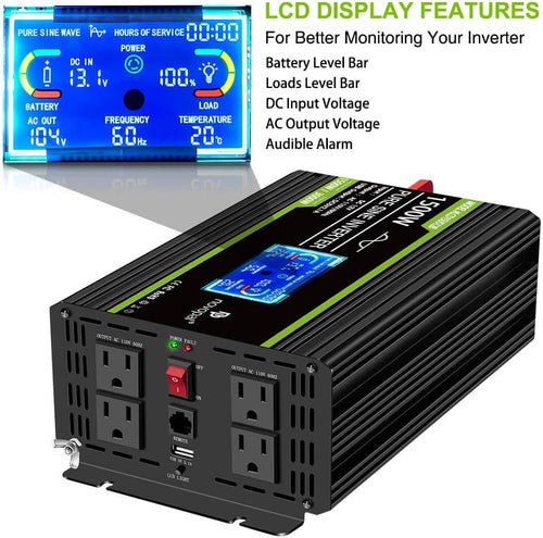 1500 Watt Pure Sine Wave Power Inverter DC 12V to 110V/120V with 4 AC Outlets USB Port Remote Control LCD Display Z5869