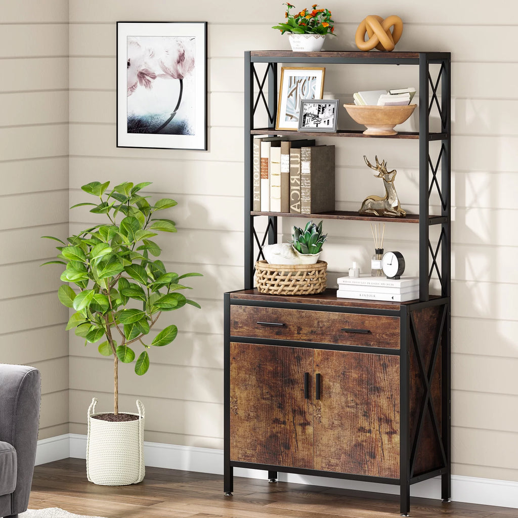 Tall Industrial Bookshelf with Drawer and Doors V648879