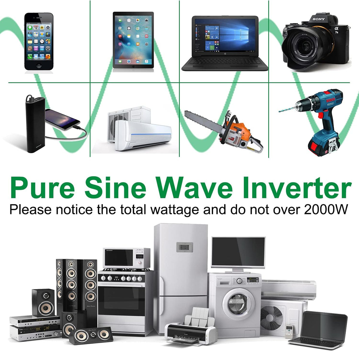 Pure Sine Wave Power Inverter 1000W 12V DC to AC 120V Surge 2000 Watt with LED Display V508