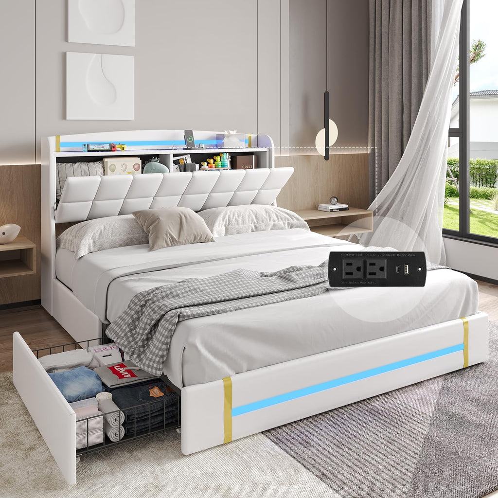 Queen Bed Frame with LED Lights and Charging Station, Upholstered Platform Bed Frame with Hidden Storage and 4 Drawers, Black O676