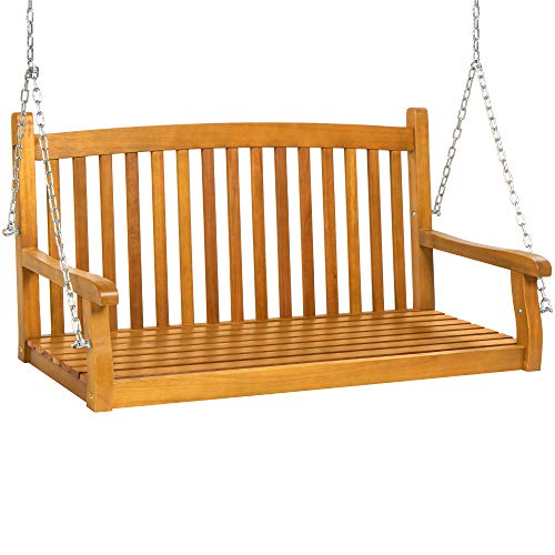 48in Wood Outdoor Hanging Bench Chair with Mounting Chains J778354