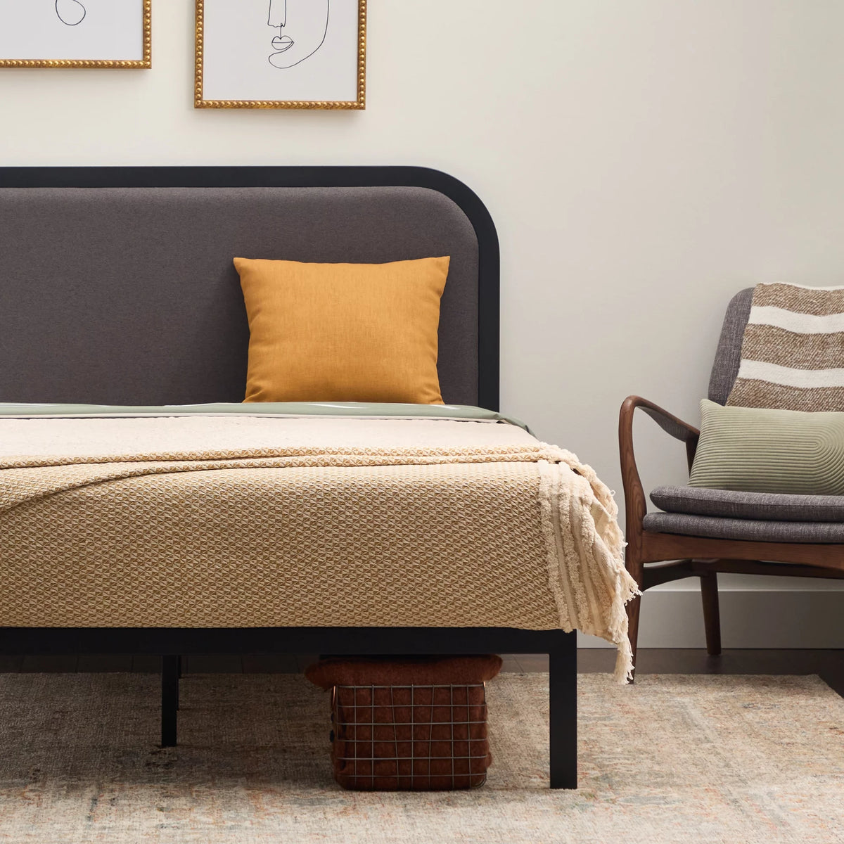 Queen Cream Metal Platform Bed with Upholstered Headboard O324646