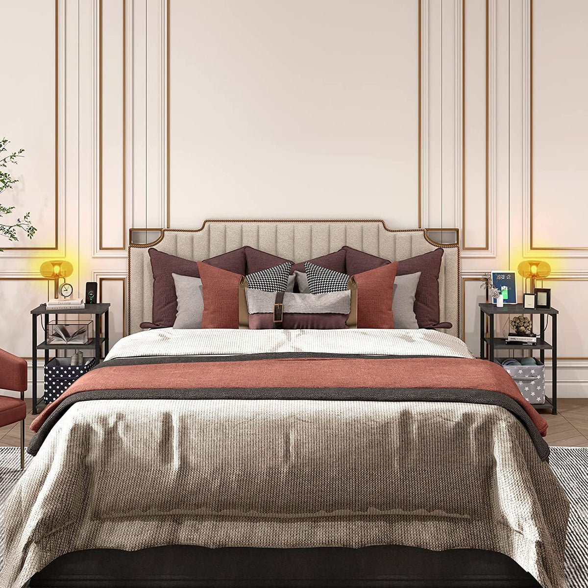 Nightstands Set of 2 with Charging Station and Storage Shelf S25040