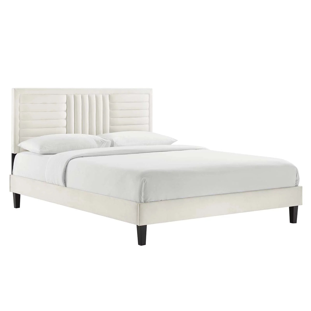 White Channel Tufted Performance Velvet Queen Platform Bed J3661